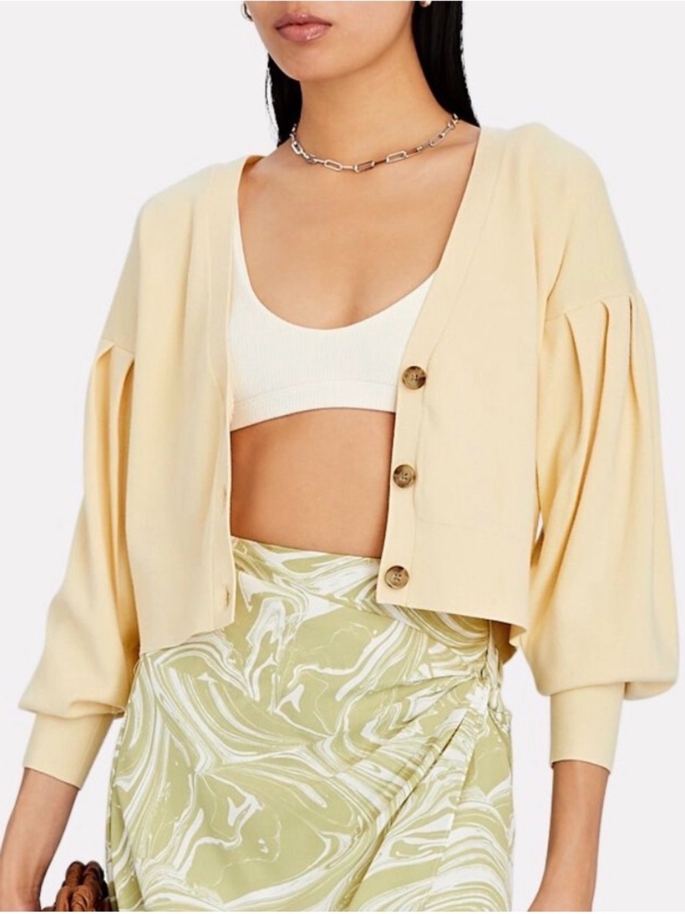 Intermix Christy Pleated Puff Sleeve Cardigan Sweater Butter Yellow Size Small -